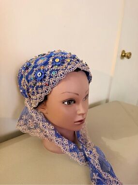 Blue Embellished Lace Scarf Headwrap